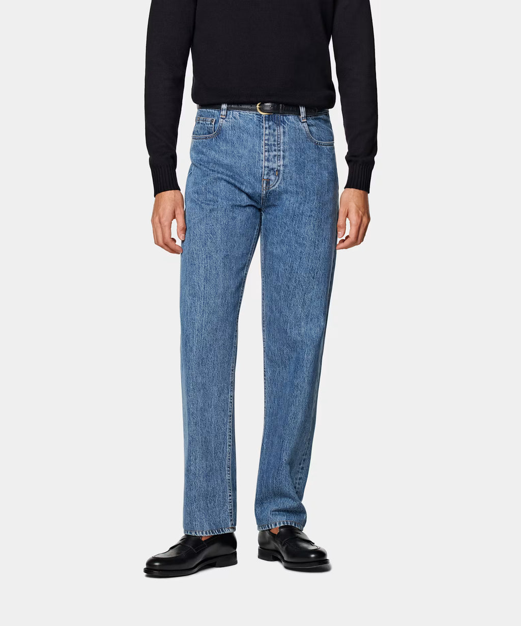 Mid Blue Straight Leg Tapered Jeans