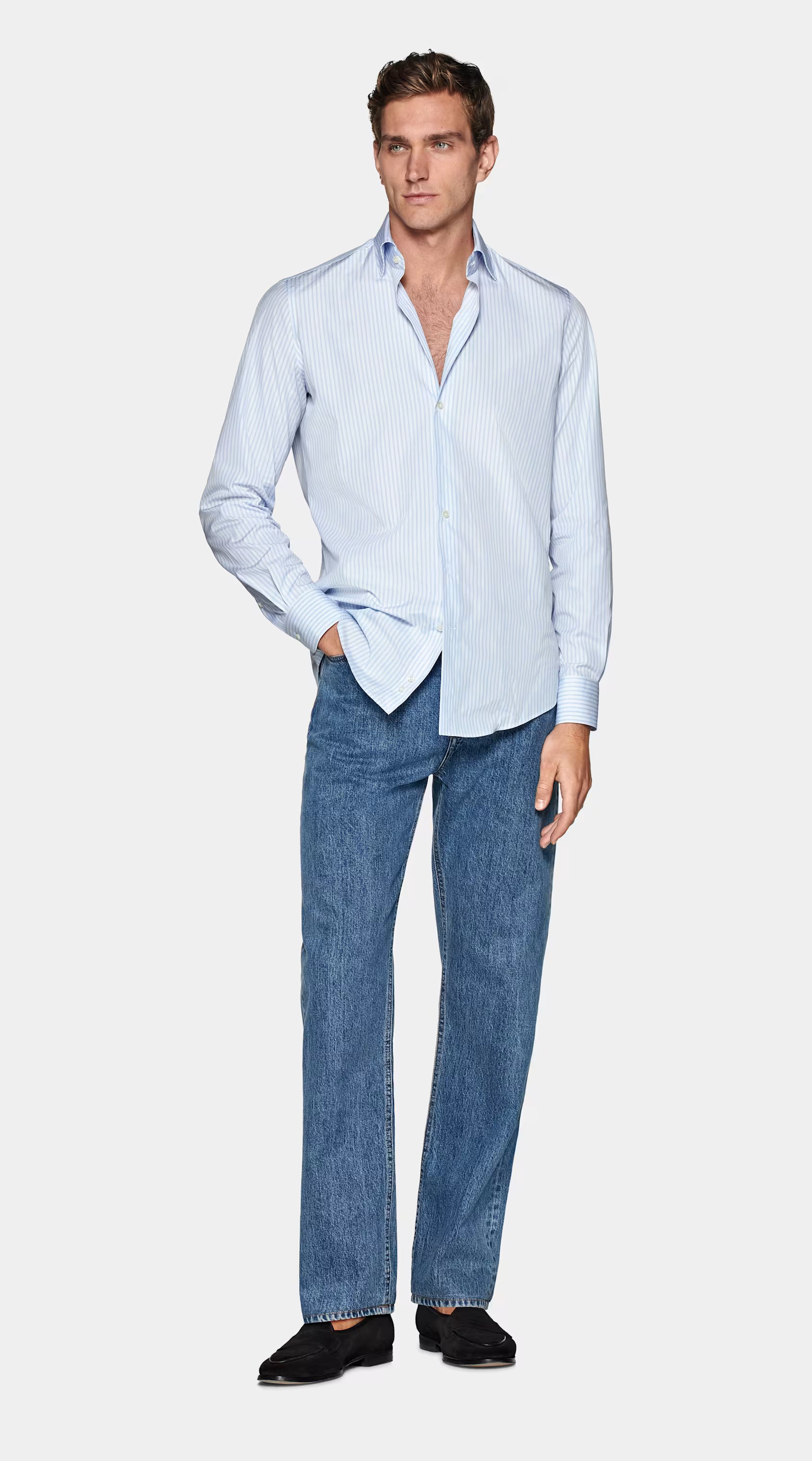 Light Blue Striped Widespread Collar Shirt