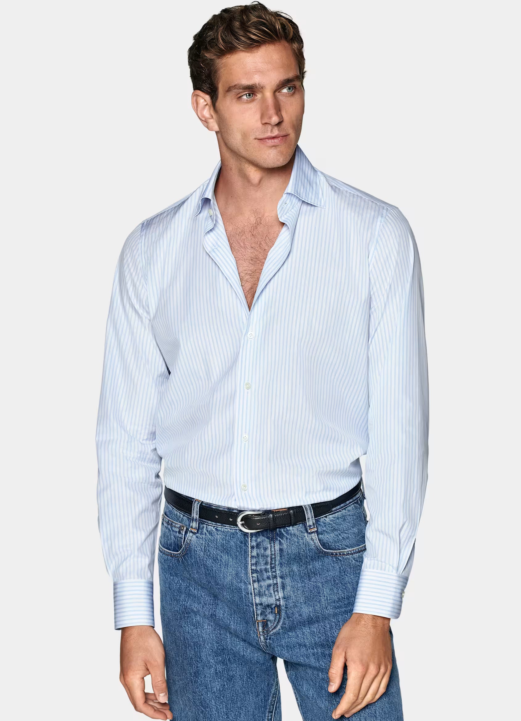 Light Blue Striped Widespread Collar Shirt