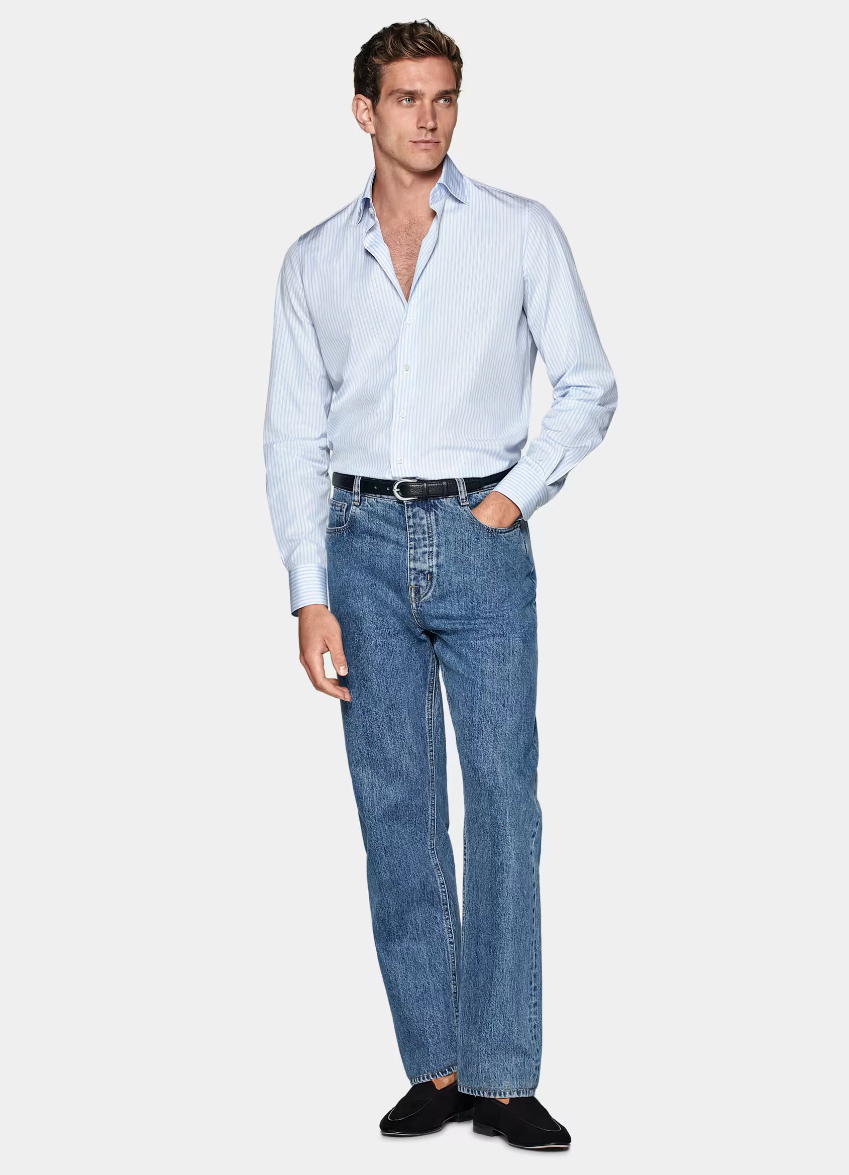 Light Blue Striped Widespread Collar Shirt