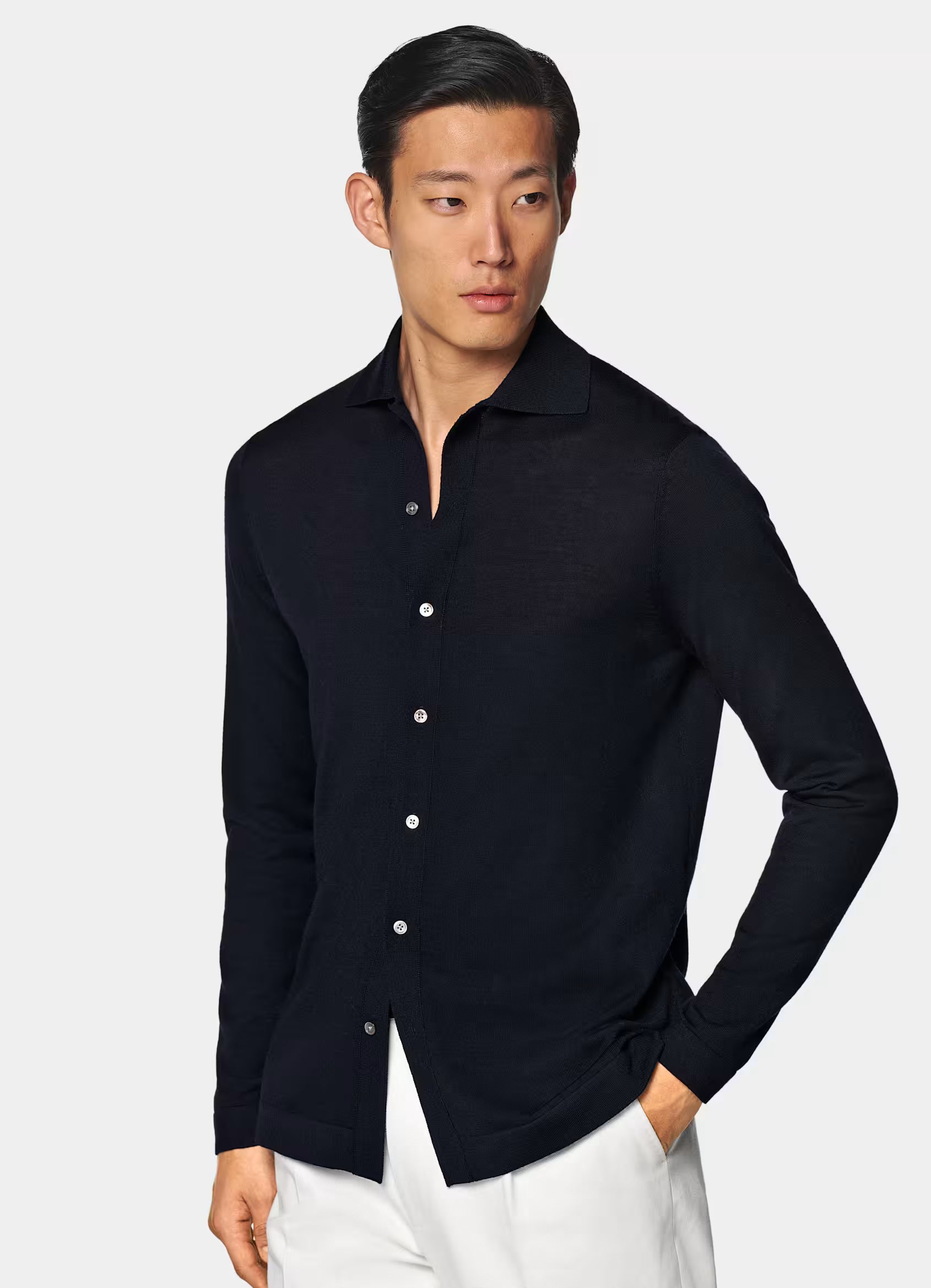 Navy Merino Long Sleeve Polo Cardigan