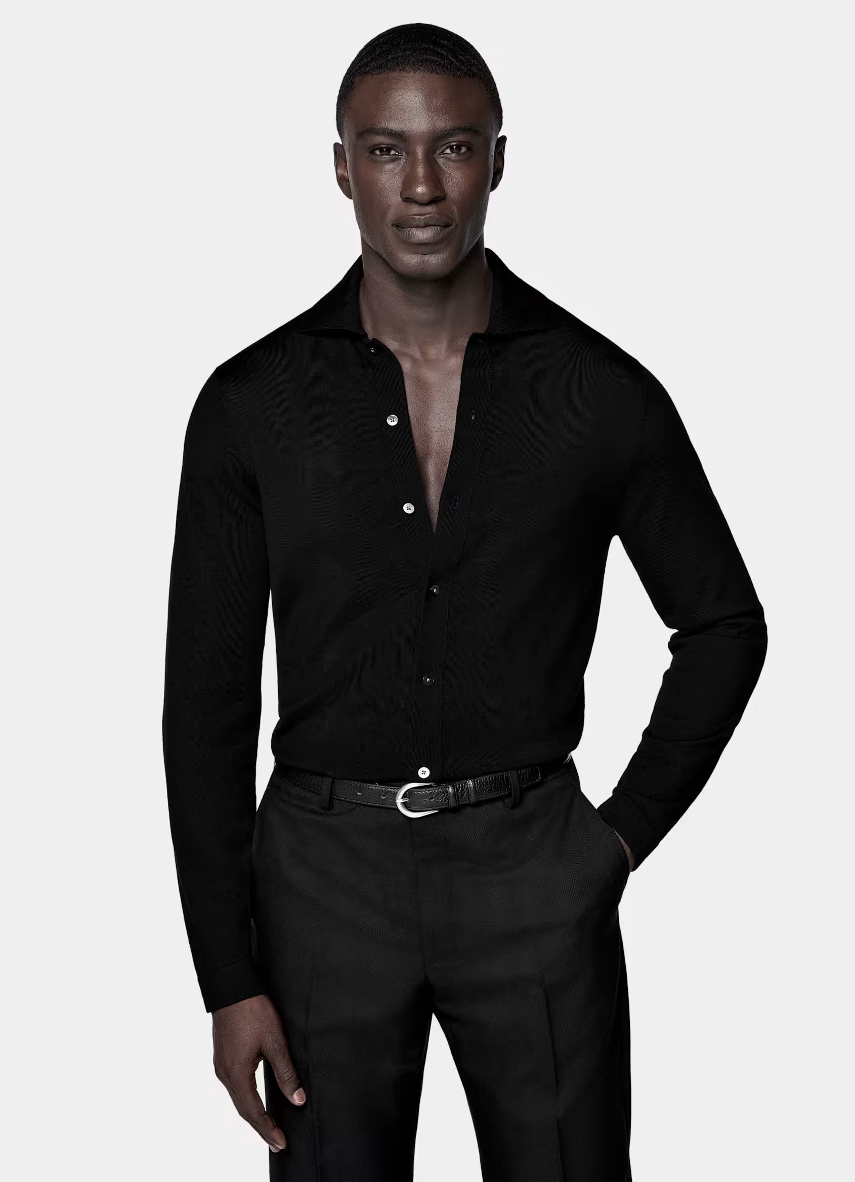 Black Merino Long Sleeve Polo Cardigan