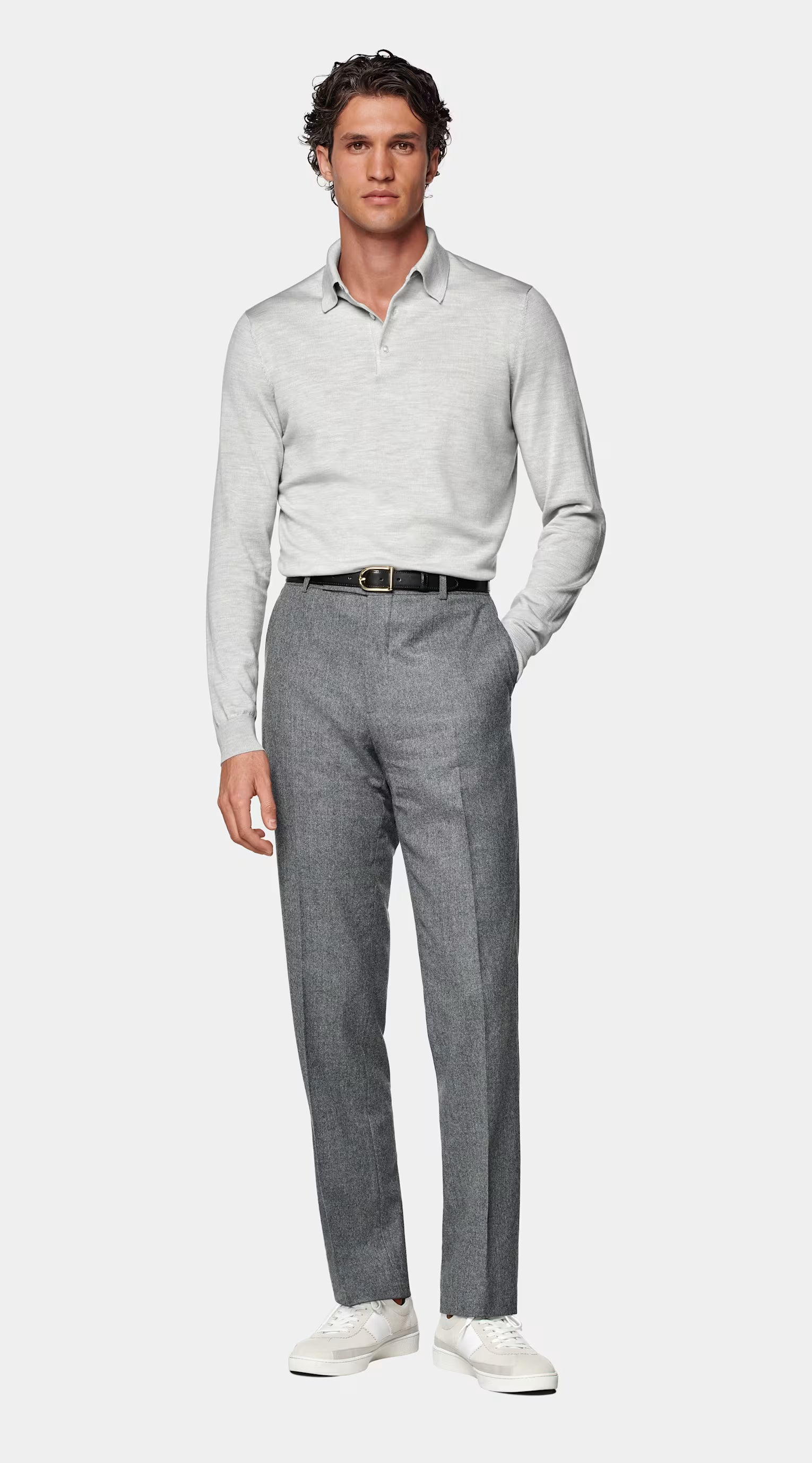 Light Grey Merino Long Sleeve Polo