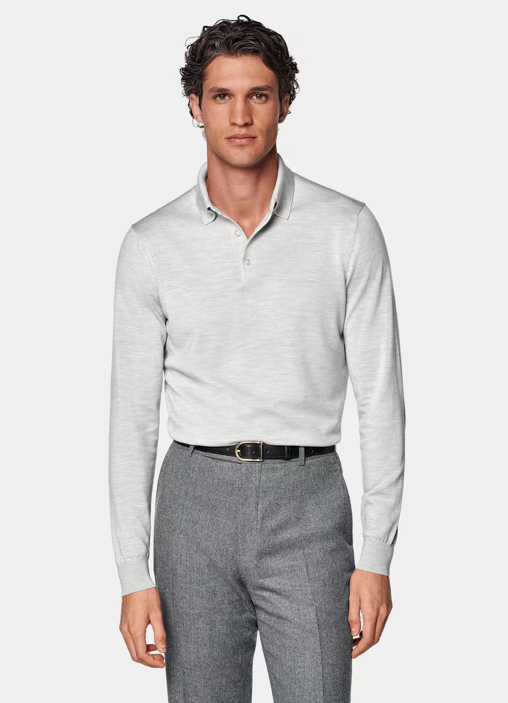Light Grey Merino Long Sleeve Polo