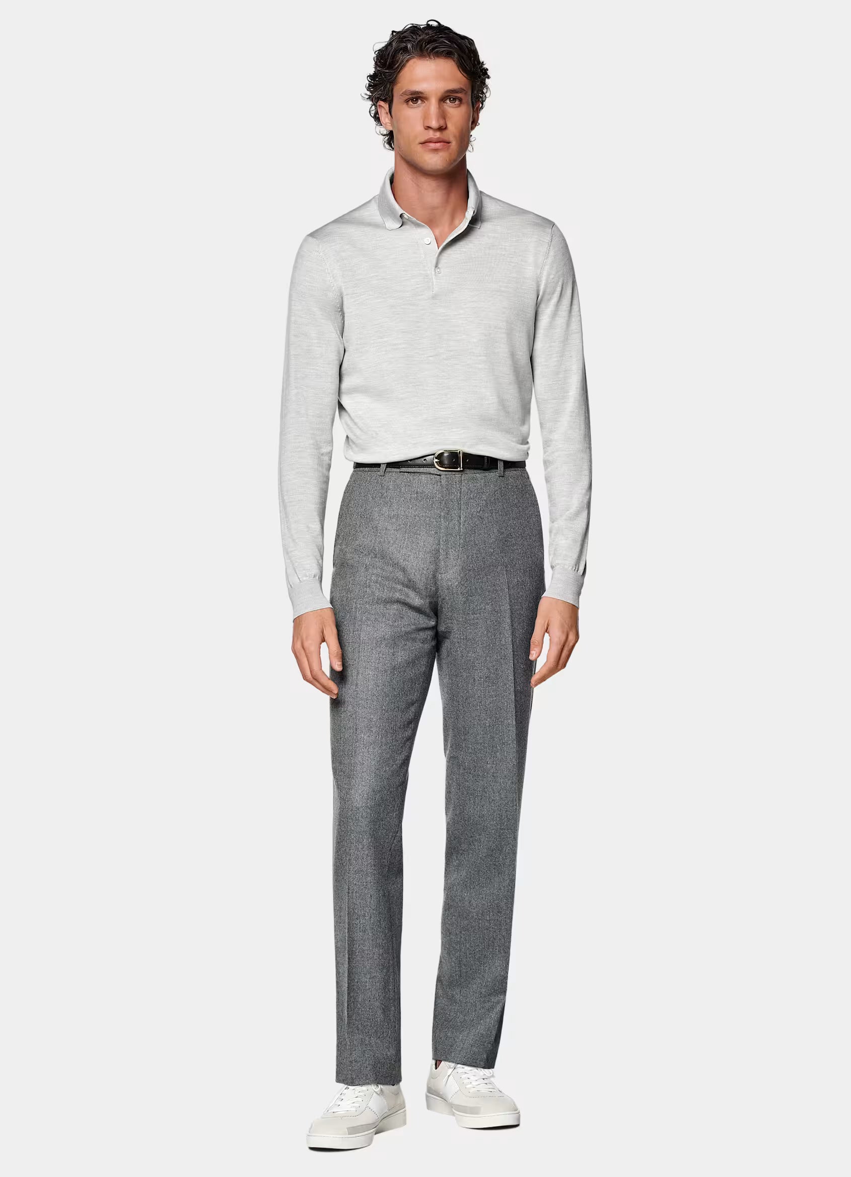 Light Grey Merino Long Sleeve Polo