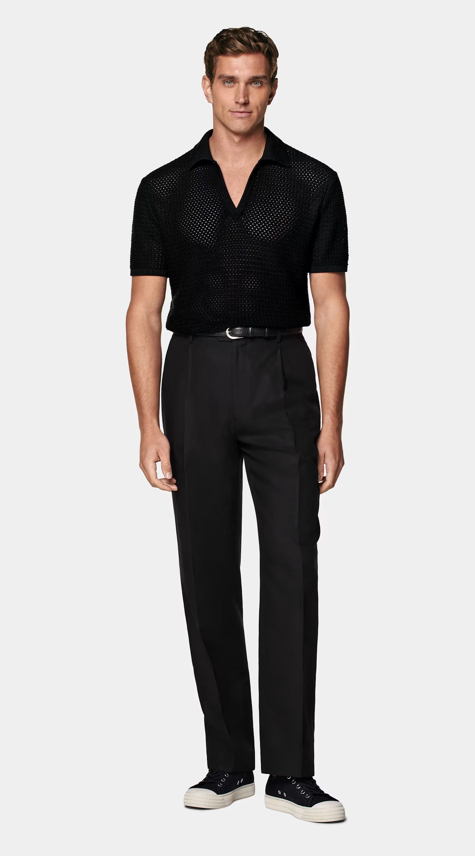 Black Crochet Buttonless Polo